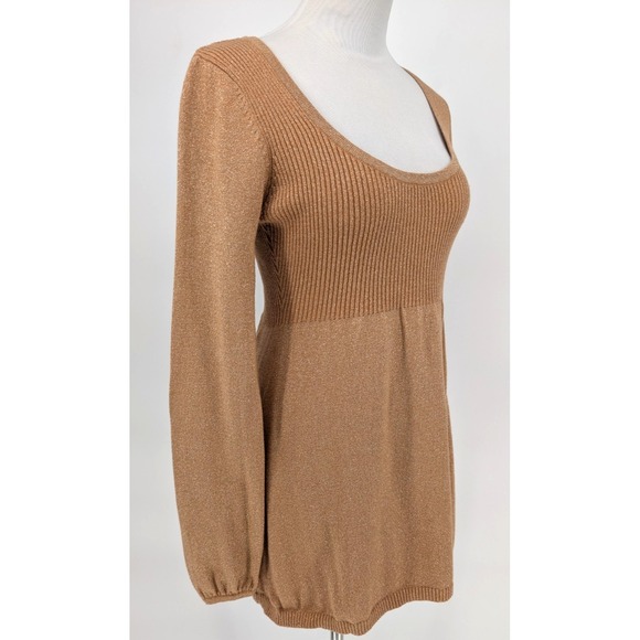 VTG Y2K Charlotte Russe Gold Metallic Babydoll Ribbed Balloon Sleeve Knit Top L - Picture 6 of 15